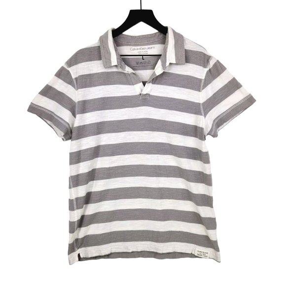 Calvin Klein Jeans Mens Polo Shirt Size Large Gray White Striped Cotton Textured - Picture 1 of 10